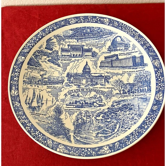 Vintage Vernon Kilns Wisconsin Plate State Landmarks Souvenir Blue - Picture 1 of 16